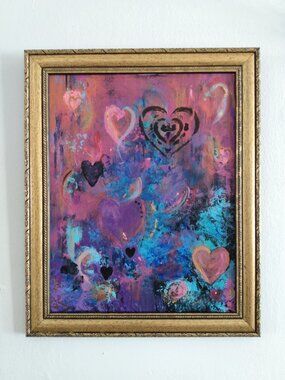 Hearts Acrylic Painting With Intricate Vintage Gold Frame ~ Art By Sassy
